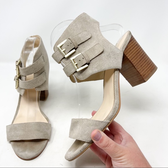 Nine West Galiceno Double Ankle Strap Sandals Genuine Suede Taupe Block Heels - Picture 3 of 10